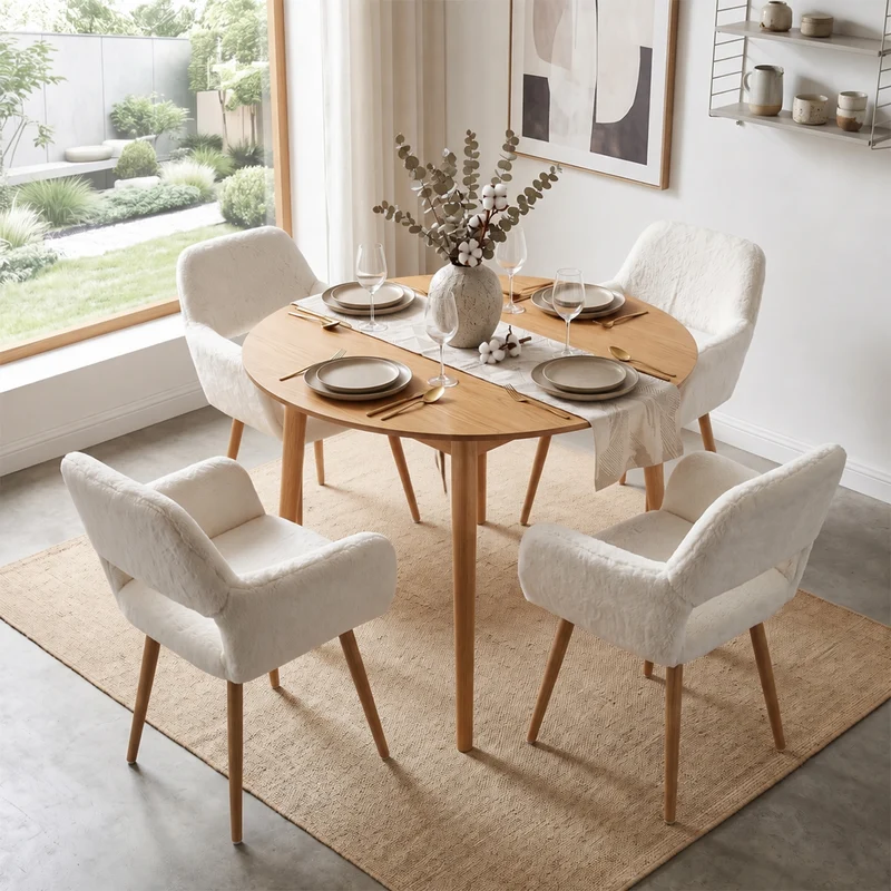 Lot de 4 fauteuils de salle à manger de style scandinave en fausse fourrure blanche avec pieds en métal effet bois