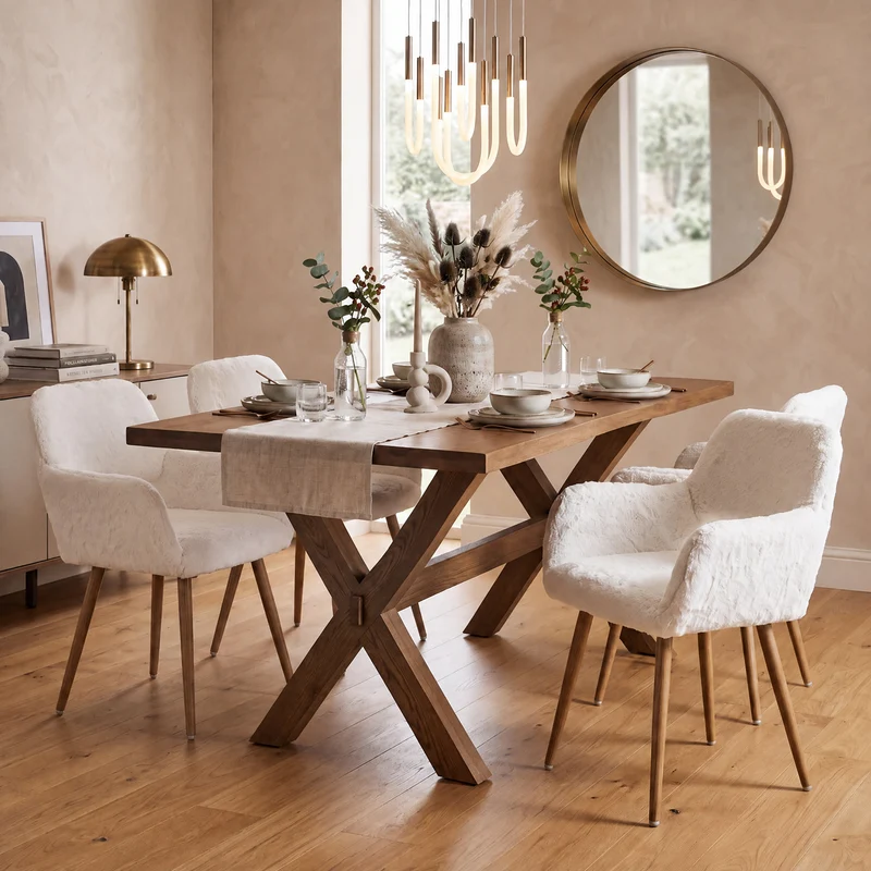 Lot de 4 fauteuils de salle à manger de style scandinave en fausse fourrure blanche avec pieds en métal effet bois