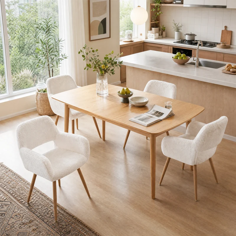 Lot de 4 fauteuils de salle à manger de style scandinave en fausse fourrure blanche avec pieds en métal effet bois