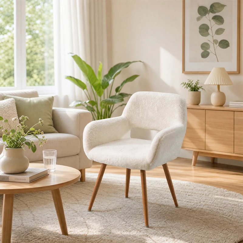 Lot de 4 fauteuils de salle à manger de style scandinave en fausse fourrure blanche avec pieds en métal effet bois