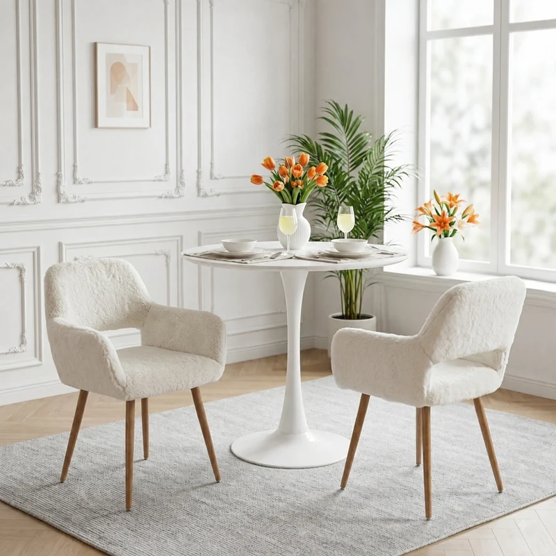Lot de 2 fauteuils de salle à manger de style scandinave en fausse fourrure blanche avec pieds en métal effet bois