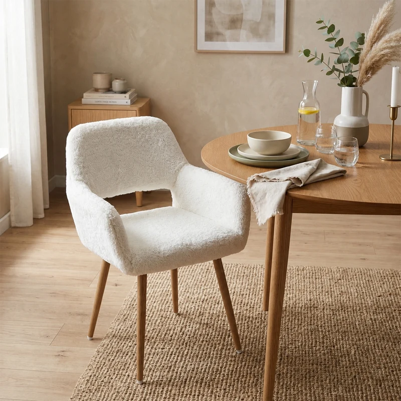 Chaise de salle à manger de style scandinave en fausse fourrure blanche avec pieds en métal effet bois