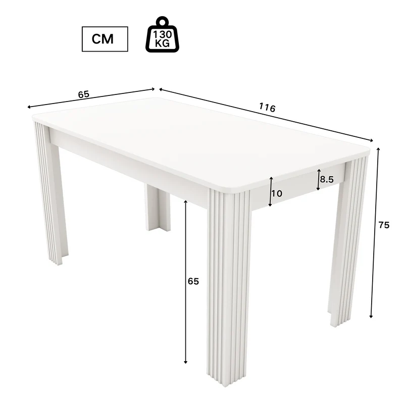 Table à manger rectangulaire blanc aspect chêne avec quatre pieds massifs