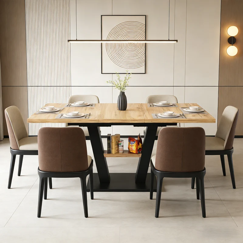 Table à manger télescopique extensible aspect bois avec pieds en croix