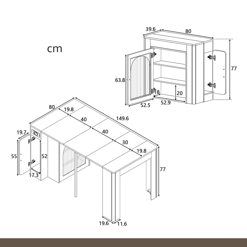 Îlot de cuisine mobile noir et blanc avec plateau extensible et prise électrique intégrée