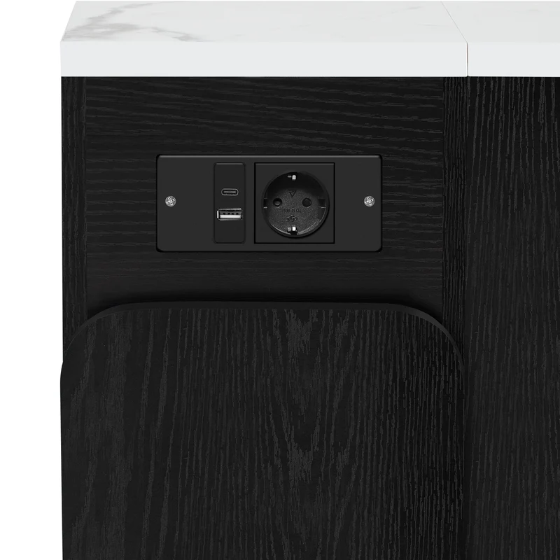 Îlot de cuisine mobile noir et blanc avec plateau extensible et prise électrique intégrée