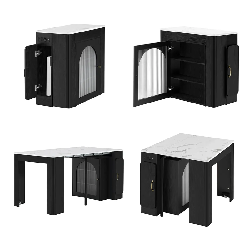 Îlot de cuisine mobile noir et blanc avec plateau extensible et prise électrique intégrée
