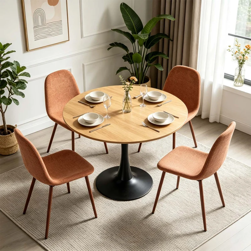 Ensemble de salle à manger de style scandinave comprenant une table ronde en chêne et 4 chaises terracotta