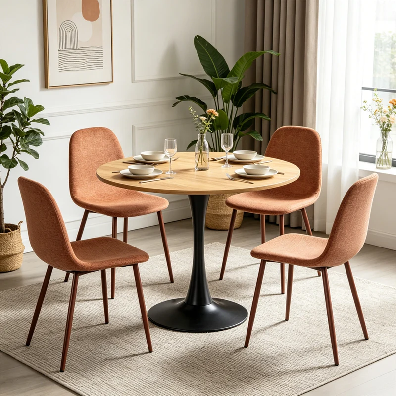 Ensemble de salle à manger de style scandinave comprenant une table ronde en chêne et 4 chaises terracotta