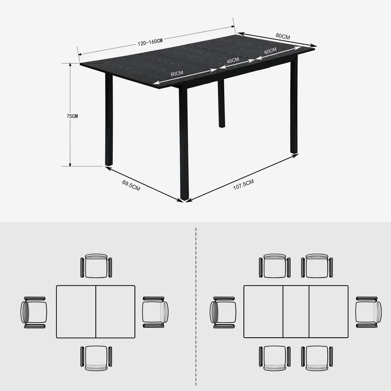 Ensemble table à manger extensible noire et 4 chaises en suédine, style scandinave