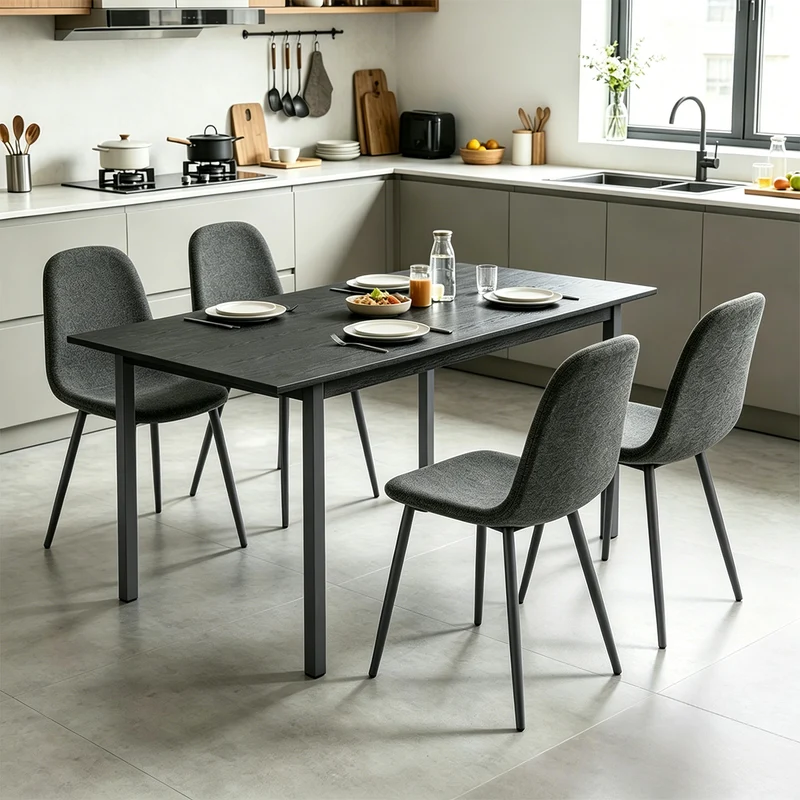 Ensemble table à manger extensible noire et 4 chaises en tissu gris doux, style scandinave