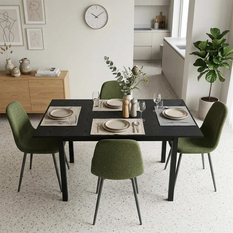 Ensemble table à manger extensible noire et 4 chaises en tissu vert doux, style scandinave