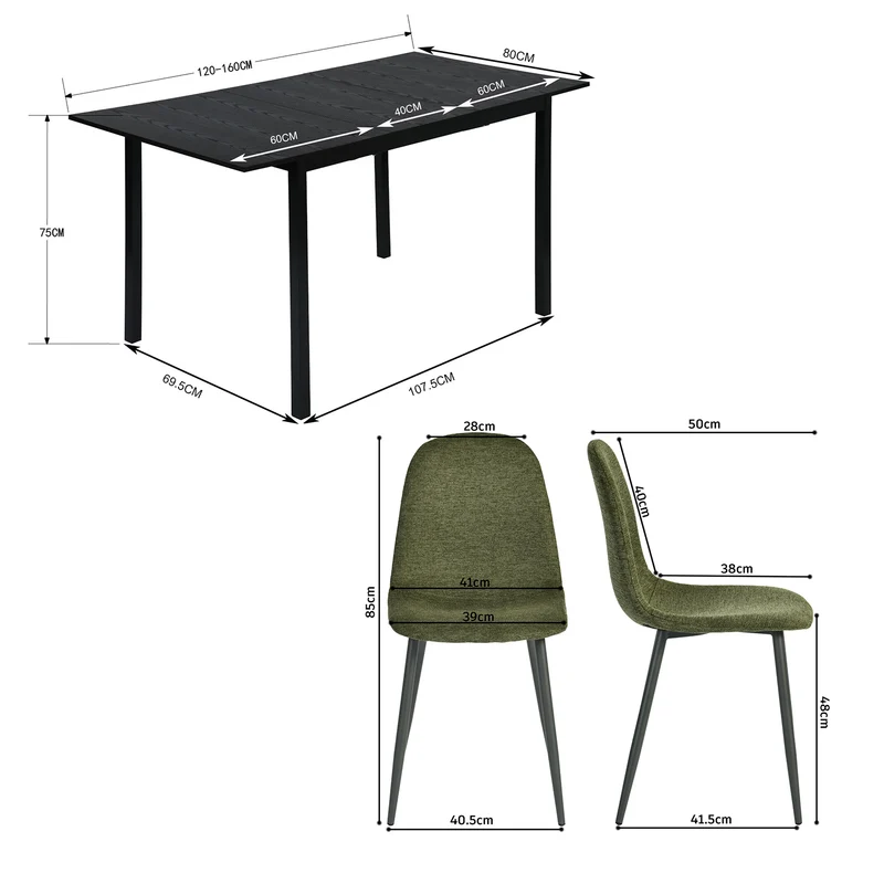 Ensemble table à manger extensible noire et 4 chaises en tissu vert doux, style scandinave