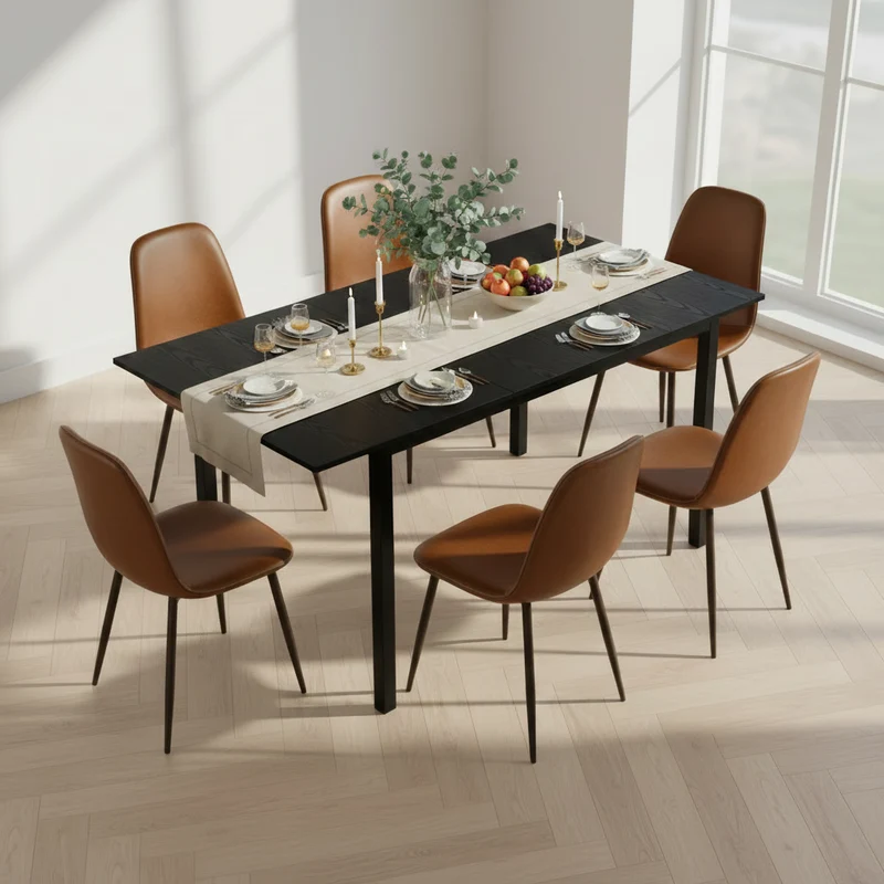 Ensemble table à manger extensible noire avec 6 chaises de salle à manger en PU, style scandinave