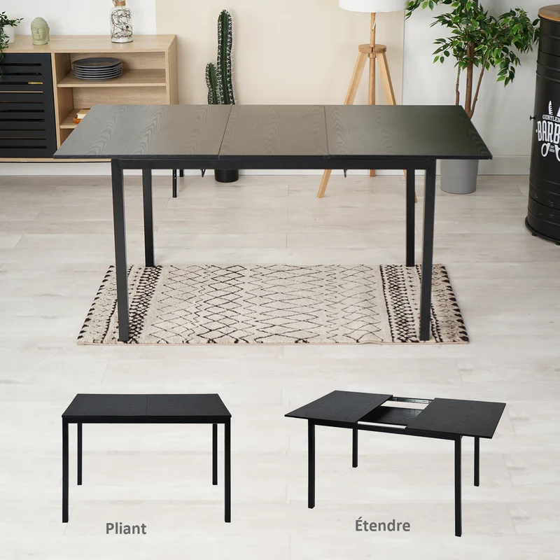 Ensemble table à manger extensible noire avec 6 fauteuils en suédine, style scandinave