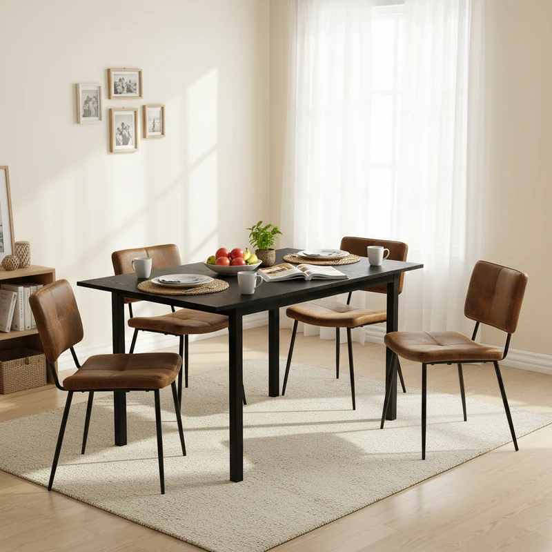 Ensemble table à manger extensible noire et 4 chaises en tissu suédine, style scandinave