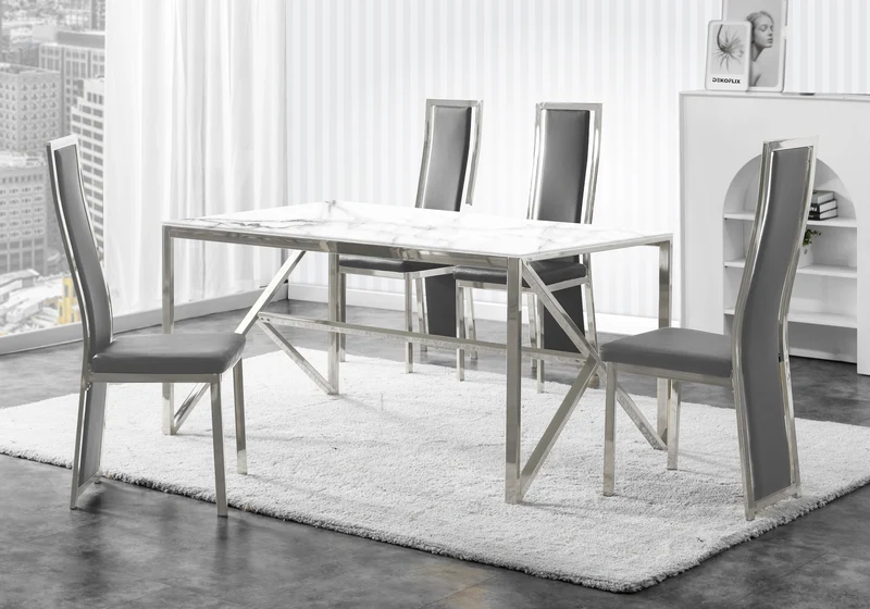 Table marbre blanc et 6 chaises simili-cuir argent – Jessy
