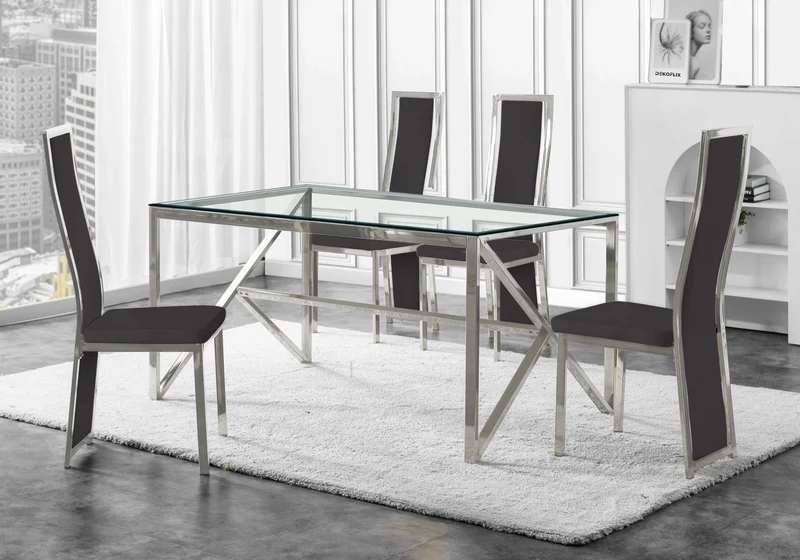 Table en verre et 6 chaises velours argent – Jessy