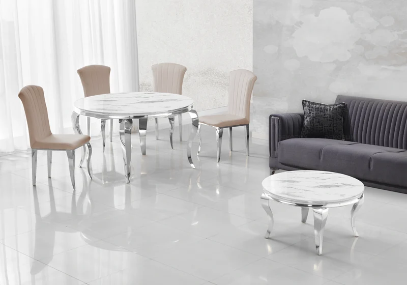 Salle à manger ronde marbre blanc argent – Neo