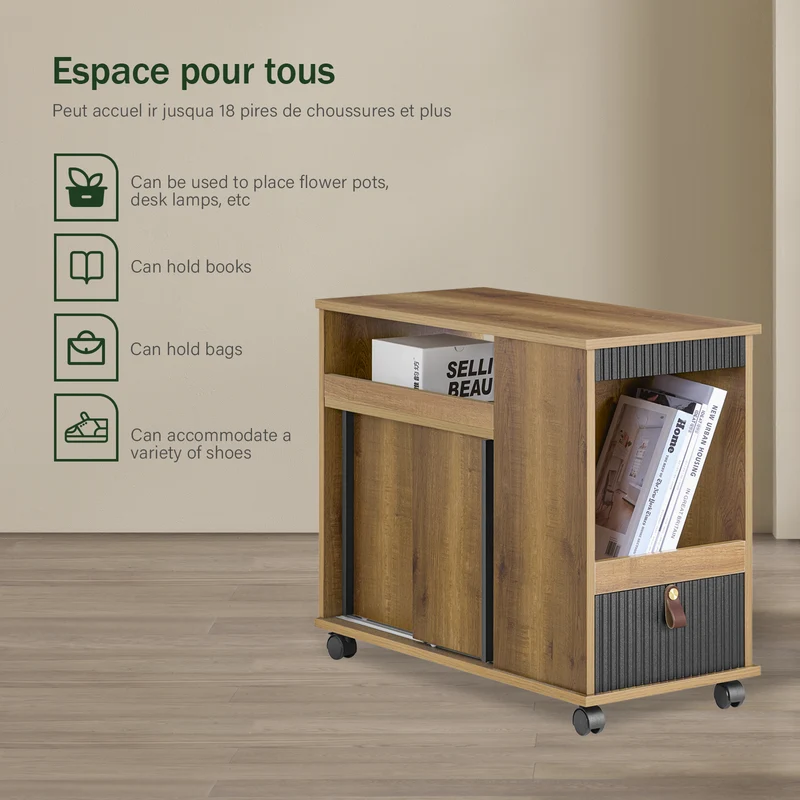 SoBuy FBT143-PF Bout de Canapé sur Roulettes Table de Chevet Table d'Appoint avec 1 Tiroir, 2 Compartiments Ouverts et 4 Portes