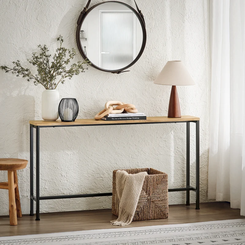 SoBuy FSB19-E Console d’Entrée Design Fonctionnel et Gain de Place, Design Moderne, Structure Robuste, Usage Quotidien – L120×P20×H65 cm, Métal, Naturel et Noir