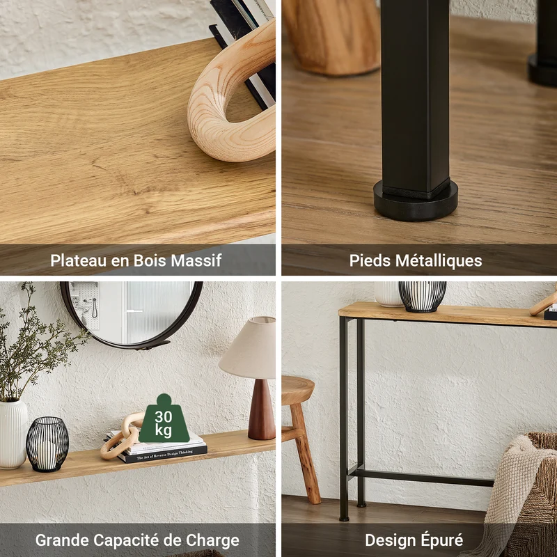 SoBuy FSB19-E Console d’Entrée Design Fonctionnel et Gain de Place, Design Moderne, Structure Robuste, Usage Quotidien – L120×P20×H65 cm, Métal, Naturel et Noir