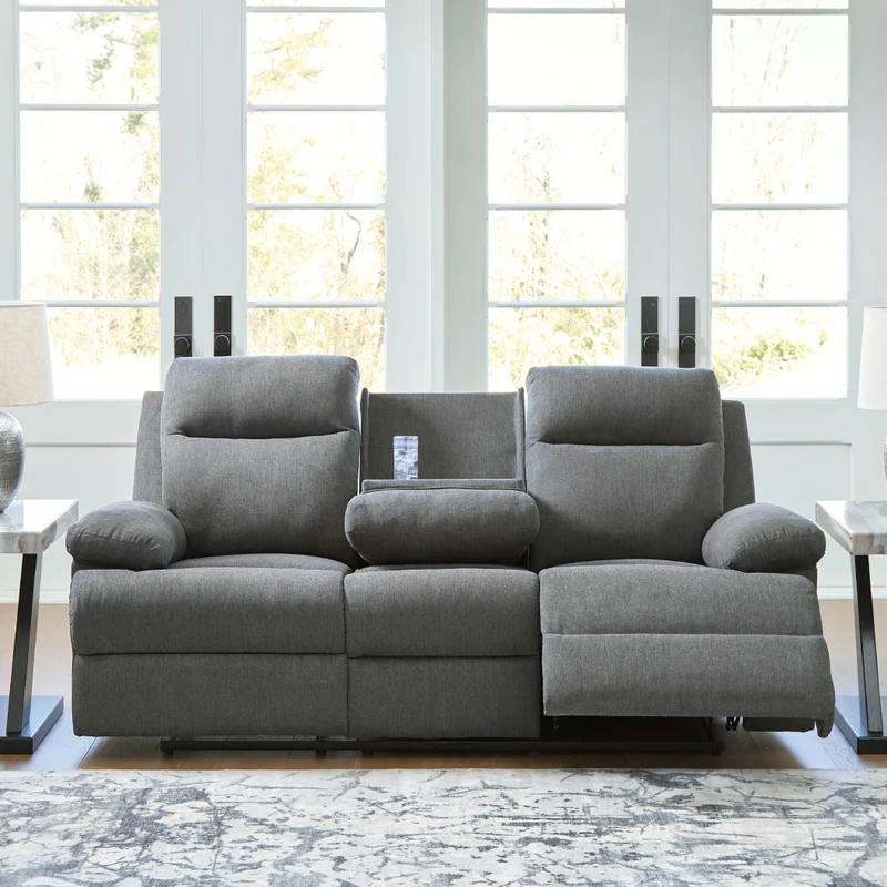 Sofa inclinable en tissu chenille gris charcoal avec table centrale rabattable - Side-Swipe