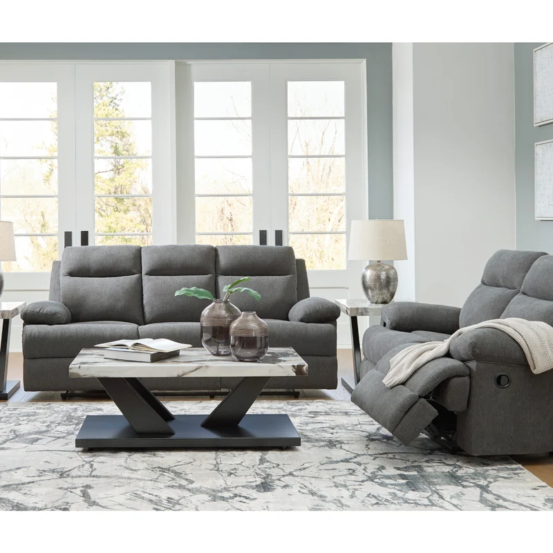 Sofa inclinable en tissu chenille gris charcoal avec table centrale rabattable - Side-Swipe