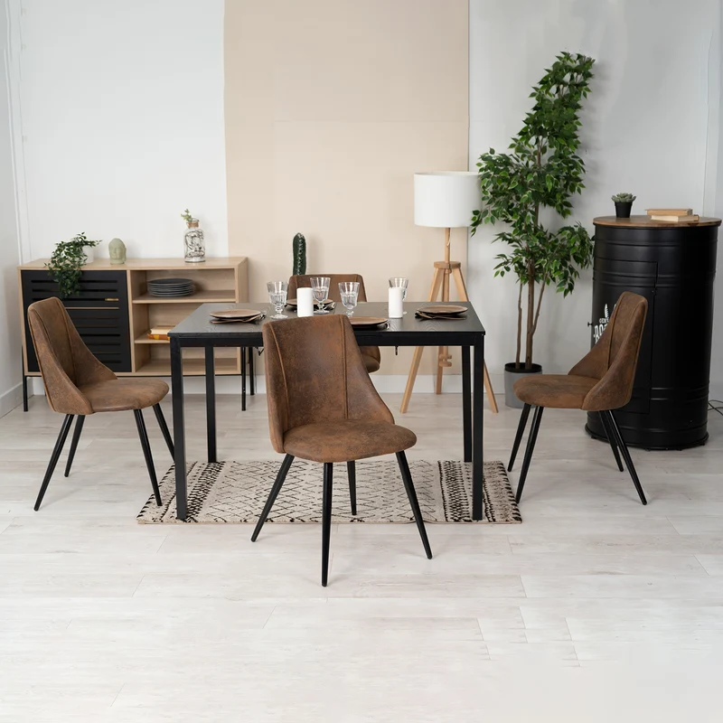 Ensemble table à manger extensible noire avec 4 fauteuils en suédine, style scandinave