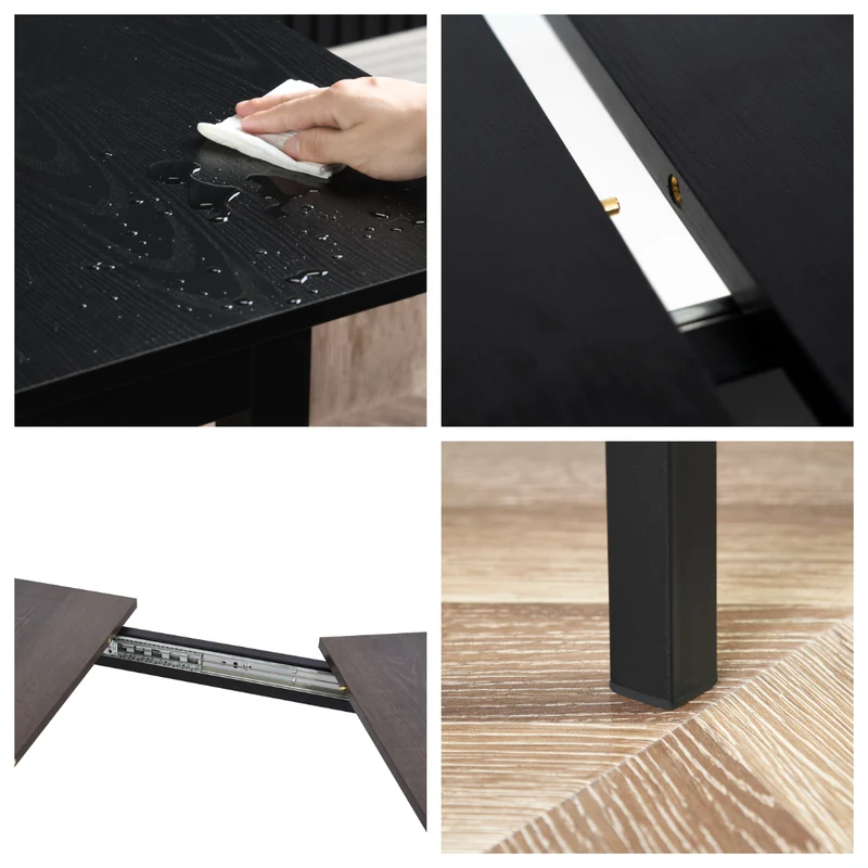 Ensemble table à manger extensible noire et 4 chaises en suédine, style scandinave