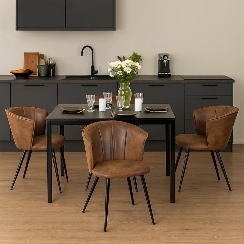 Ensemble table à manger extensible noire avec 4 fauteuils en suédine, style scandinave