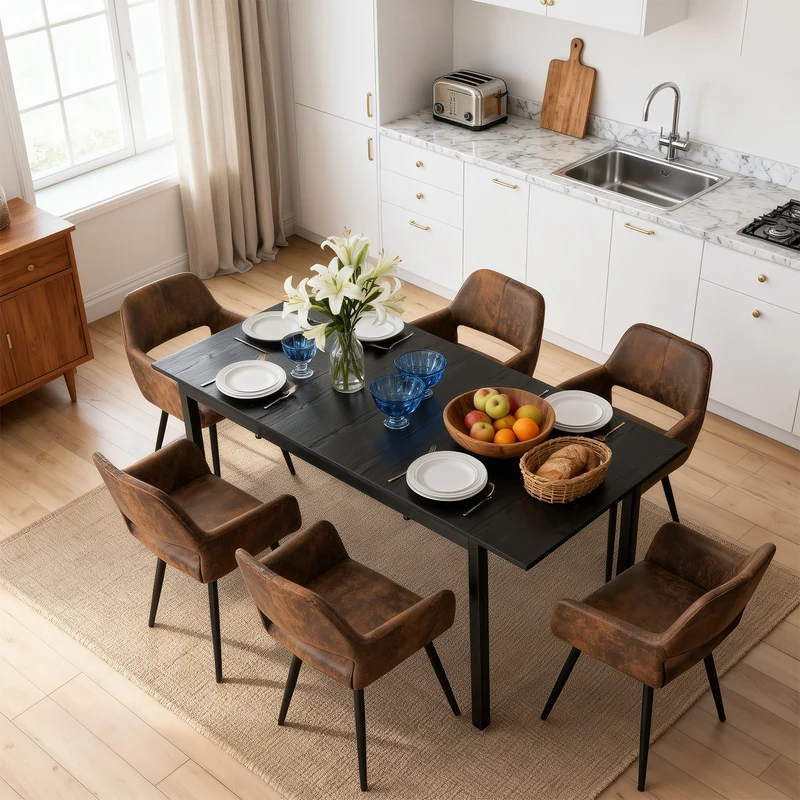 Ensemble table à manger extensible noire avec 6 fauteuils en suédine, style scandinave