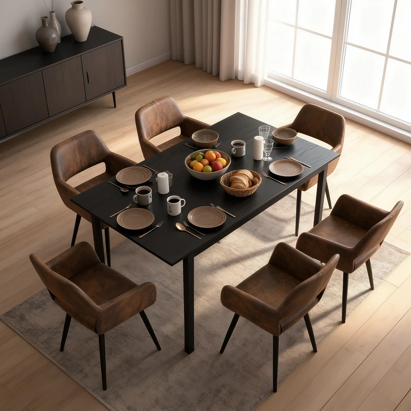 Ensemble table à manger extensible noire avec 6 fauteuils en suédine, style scandinave