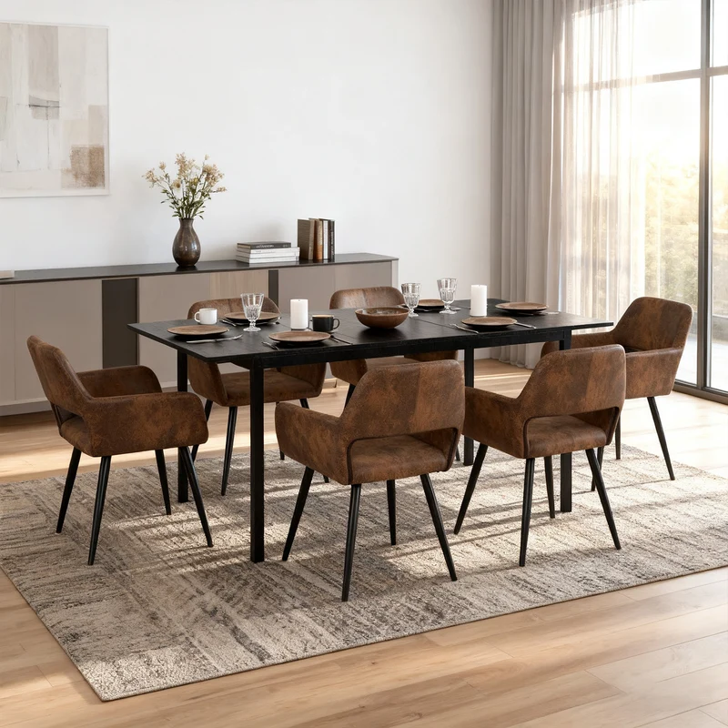 Ensemble table à manger extensible noire avec 6 fauteuils en suédine, style scandinave
