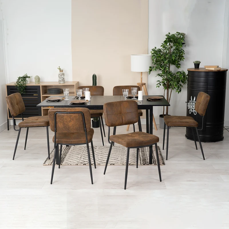 Ensemble table à manger extensible noire et 6 chaises en tissu suédine, style scandinave