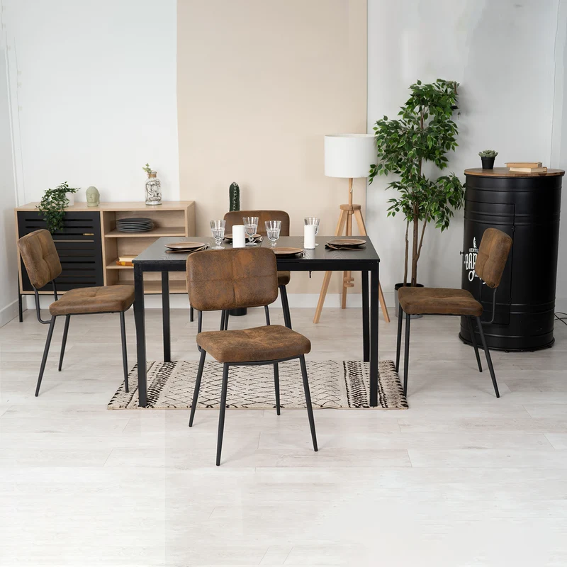 Ensemble table à manger extensible noire et 4 chaises en tissu suédine, style scandinave