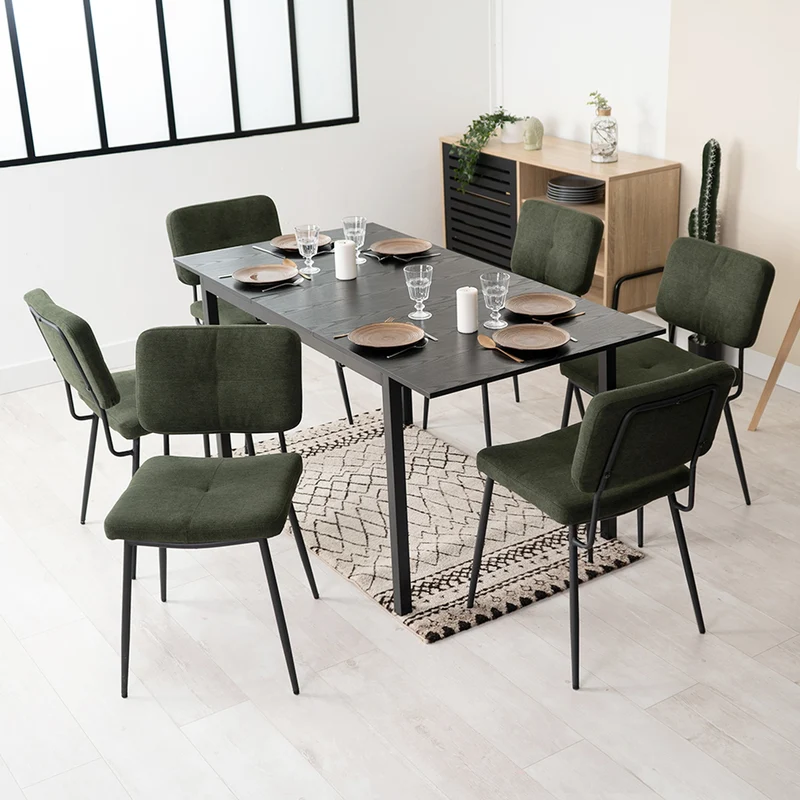 Ensemble table à manger extensible noire et 6 chaises en tissu vert, style scandinave