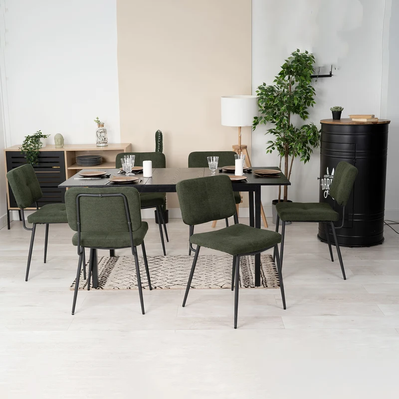 Ensemble table à manger extensible noire et 6 chaises en tissu vert, style scandinave