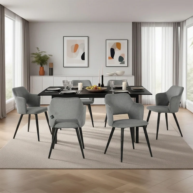 Ensemble table à manger extensible noire et 6 fauteuils en tissu gris de style scandinave