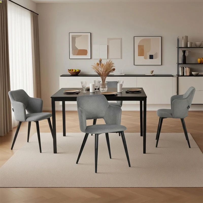 Ensemble table à manger extensible noire et 4 fauteuils en tissu gris de style scandinave