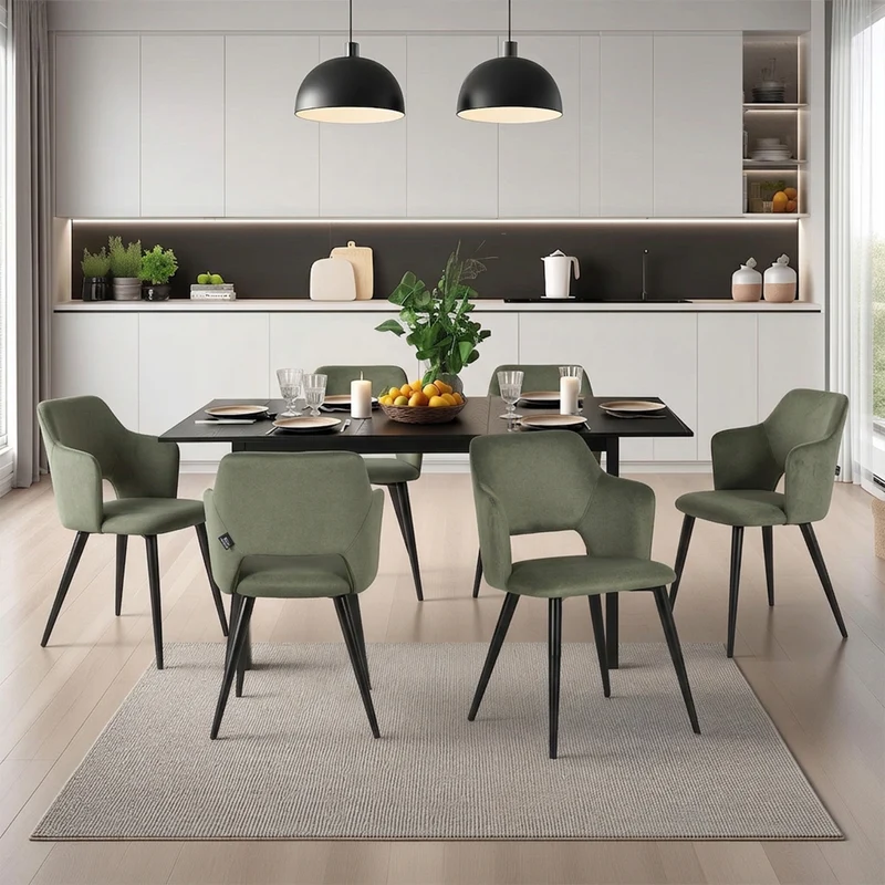 Ensemble table à manger extensible noire et 6 fauteuils en tissu vert de style scandinave