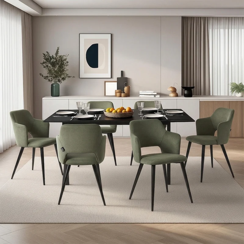 Ensemble table à manger extensible noire et 6 fauteuils en tissu vert de style scandinave