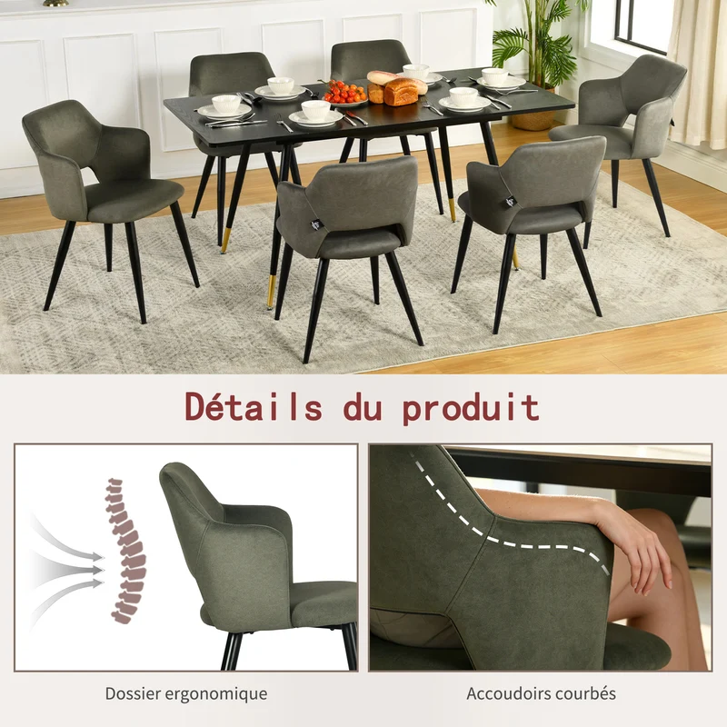 Ensemble table à manger extensible noire et 6 fauteuils en tissu vert de style scandinave