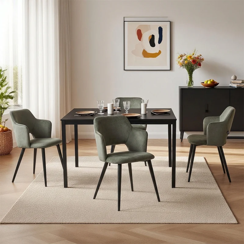 Ensemble table à manger extensible noire et 4 fauteuils en tissu vert de style scandinave