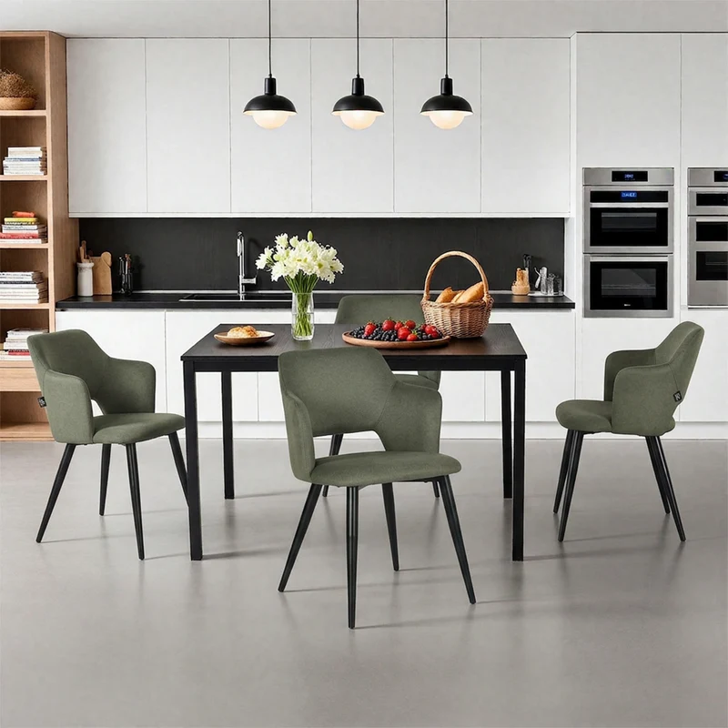 Ensemble table à manger extensible noire et 4 fauteuils en tissu vert de style scandinave