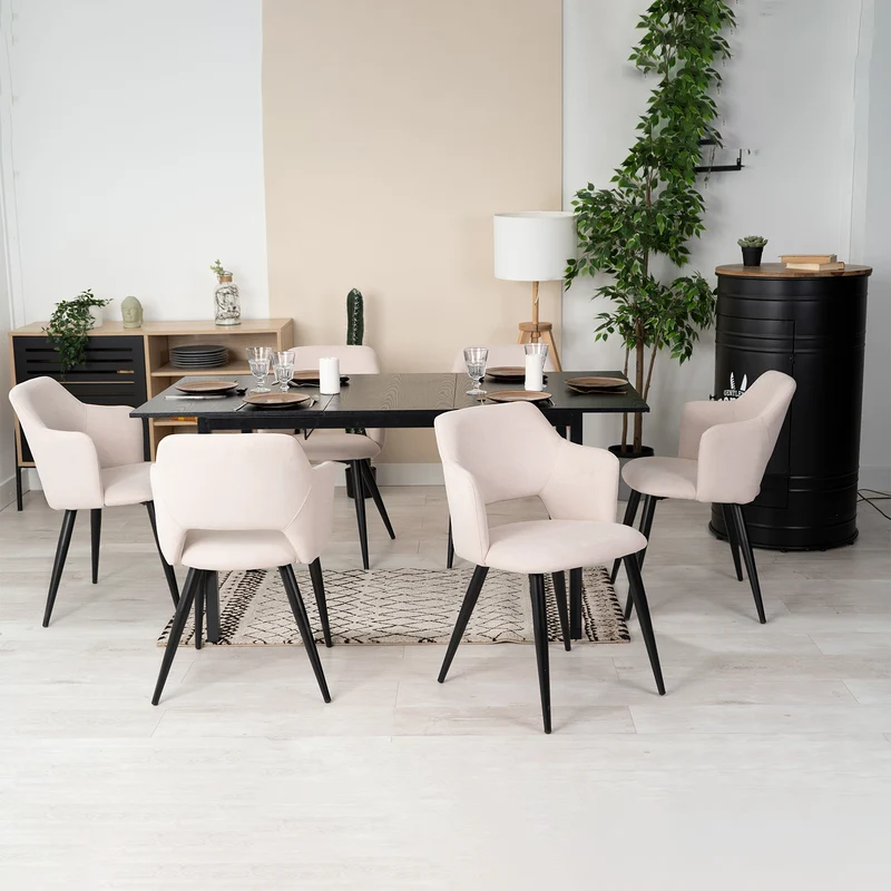 Ensemble table à manger extensible noire et 6 fauteuils en tissu beige de style scandinave
