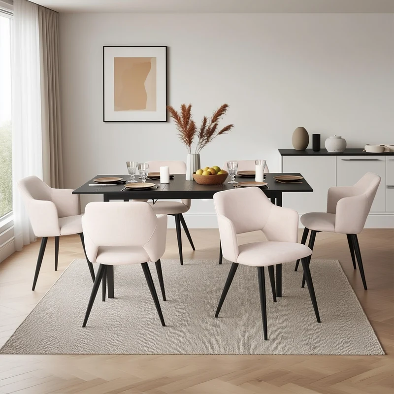 Ensemble table à manger extensible noire et 6 fauteuils en tissu beige de style scandinave