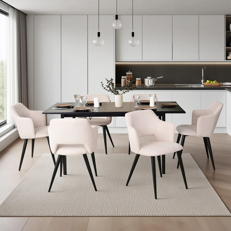 Ensemble table à manger extensible noire et 6 fauteuils en tissu beige de style scandinave