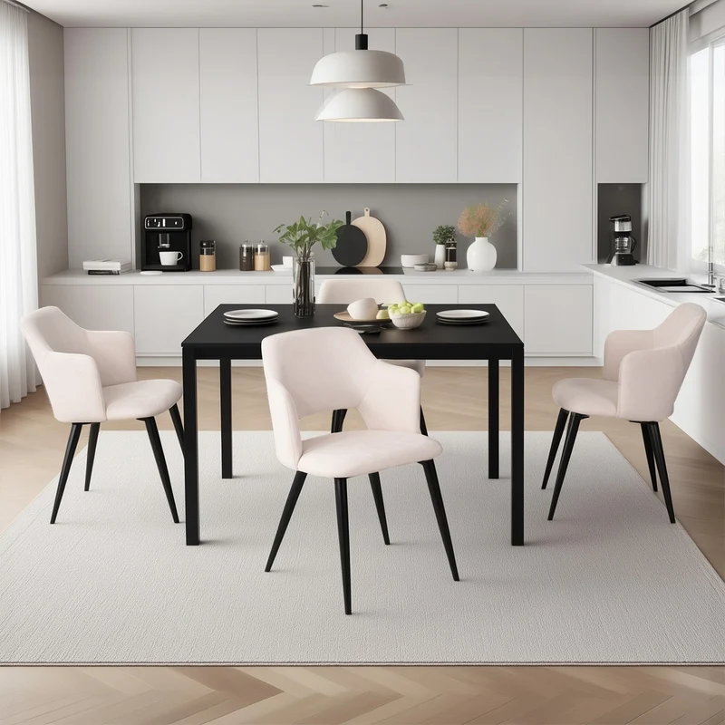 Ensemble table à manger extensible noire et 4 fauteuils en tissu beige de style scandinave