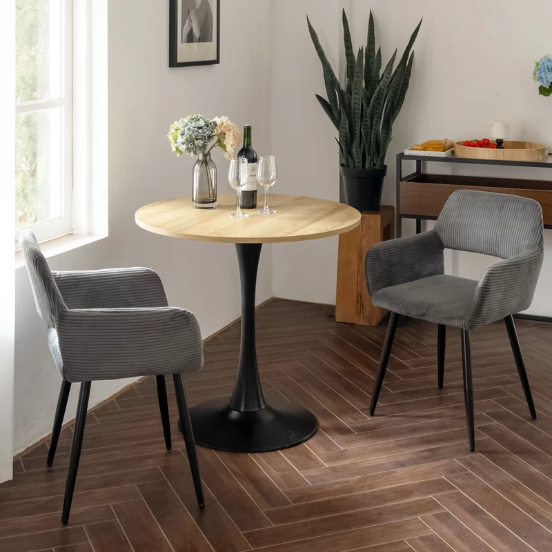Ensemble de salle à manger de style scandinave comprenant une table ronde en chêne et 2 chaises en velours côtelé gris